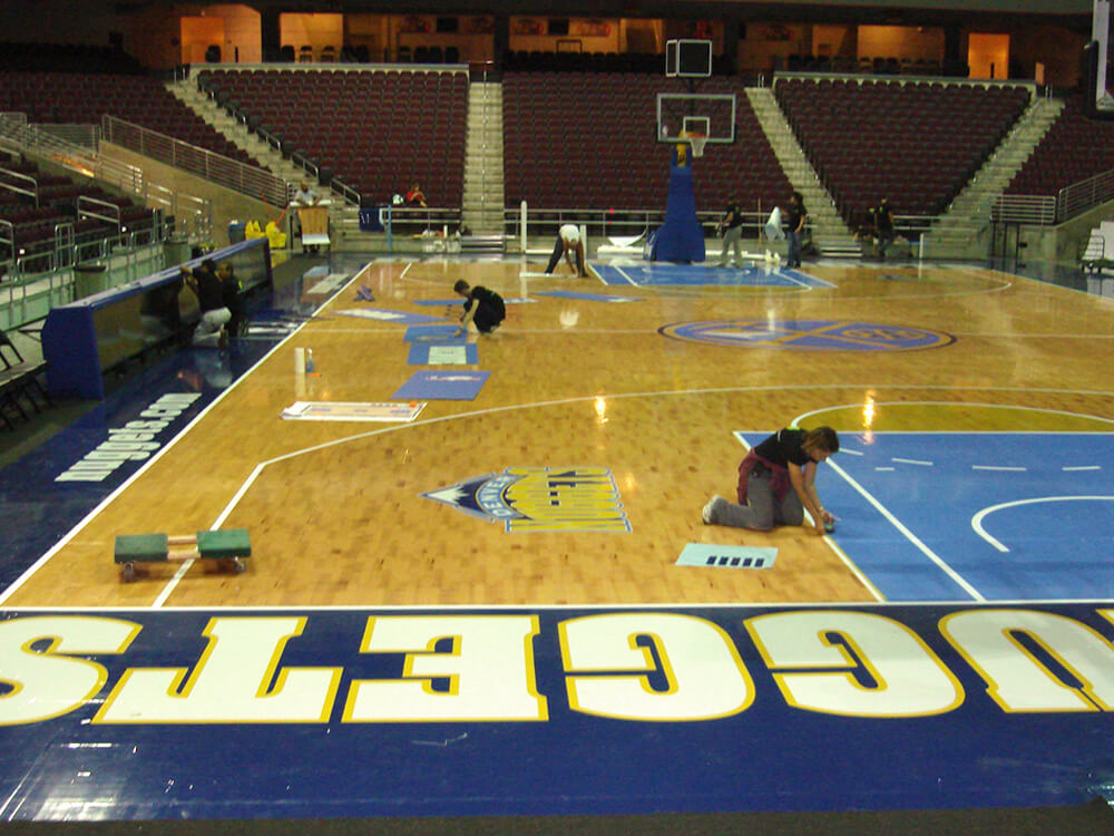 Decal installation for the Denver Nuggets basketball court