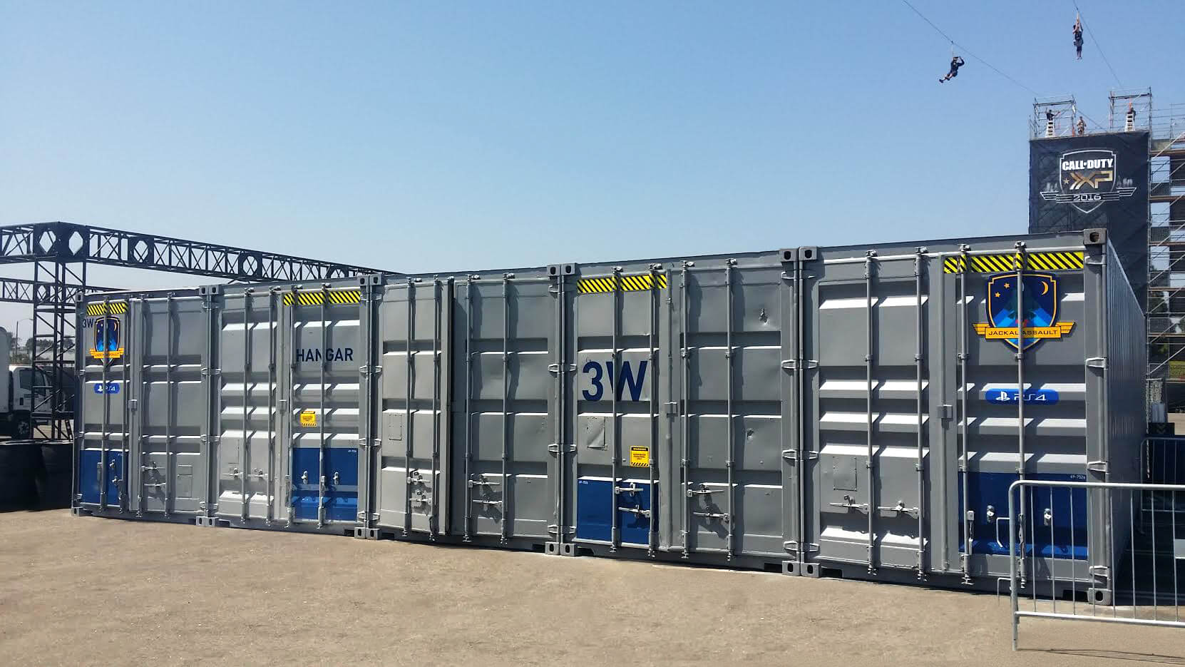 A vinyl graphic install on containers that housed 3D pilot simulators at the CALL OF DUTY XP