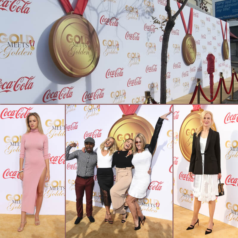 A tall, 10 by 40 foot media wall for the Gold Meets Golden Party in Los Angeles