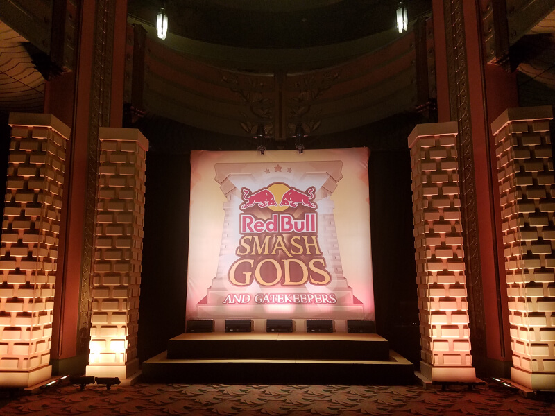 A custom printed backdrop for the “Red Bull Smash Gods and Gate Keepers” event