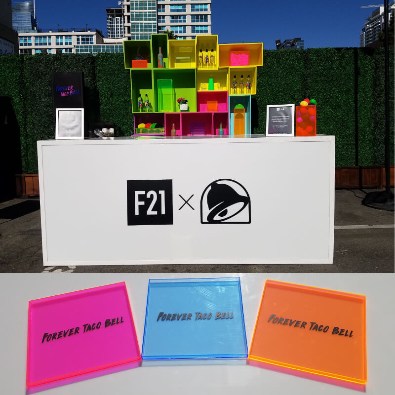 Custom decals and appetizer trays for this collaboration event by Forever 21 and Taco Bell