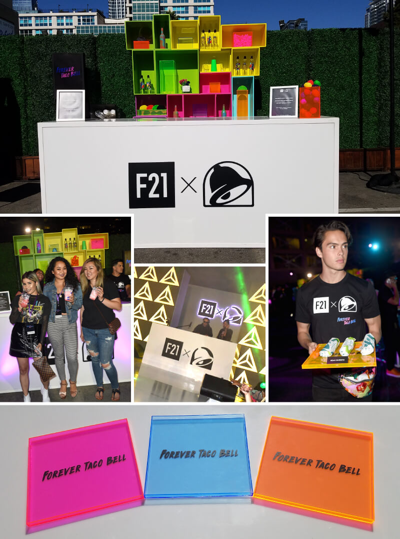 Custom decals and appetizer trays for this collaboration event by Forever 21 and Taco Bell